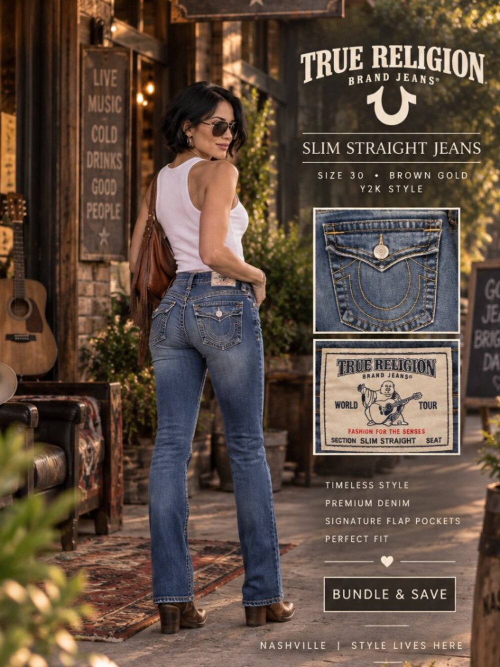 True Religion Slim Straight Jeans 30 Brown Gold Flap Pocket Y2K